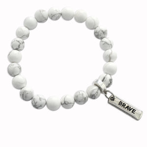 Stone Bracelet - White Marble 8mm Beads - with Silver Word Charm