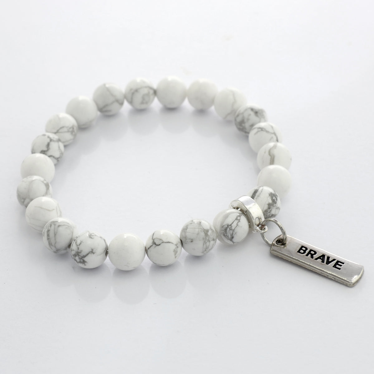 Stone Bracelet - White Marble 8mm Beads - with Silver Word Charm