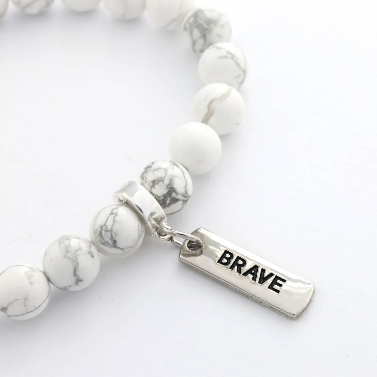 Stone Bracelet - White Marble 8mm Beads - with Silver Word Charm