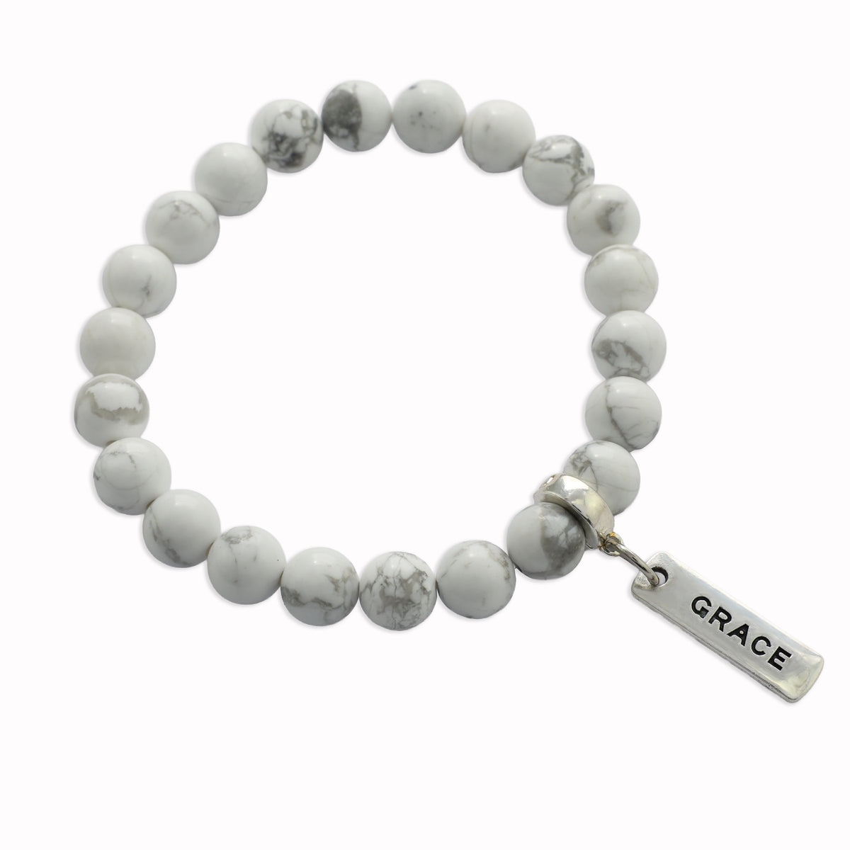 Stone Bracelet - White Marble 8mm Beads - with Silver Word Charm