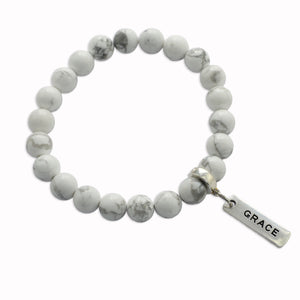 Stone Bracelet - White Marble 8mm Beads - with Silver Word Charm