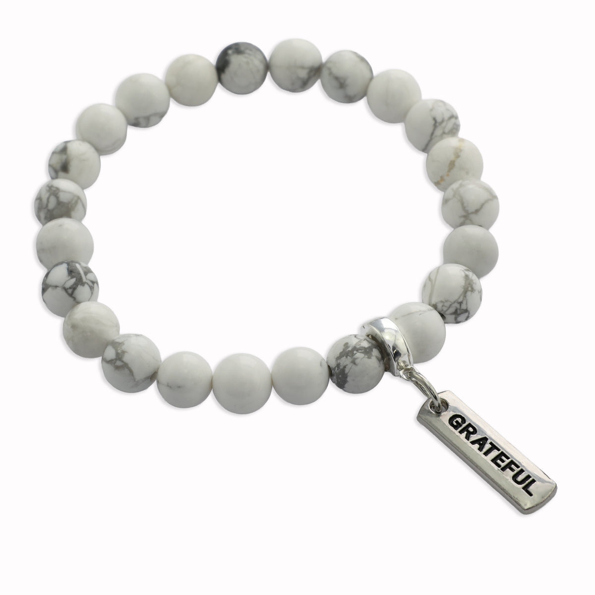 Stone Bracelet - White Marble 8mm Beads - with Silver Word Charm