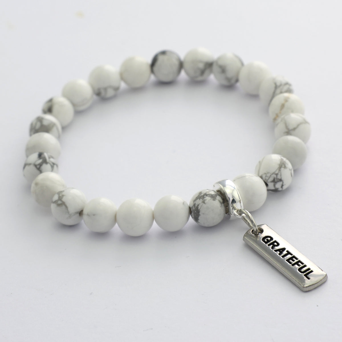 Stone Bracelet - White Marble 8mm Beads - with Silver Word Charm