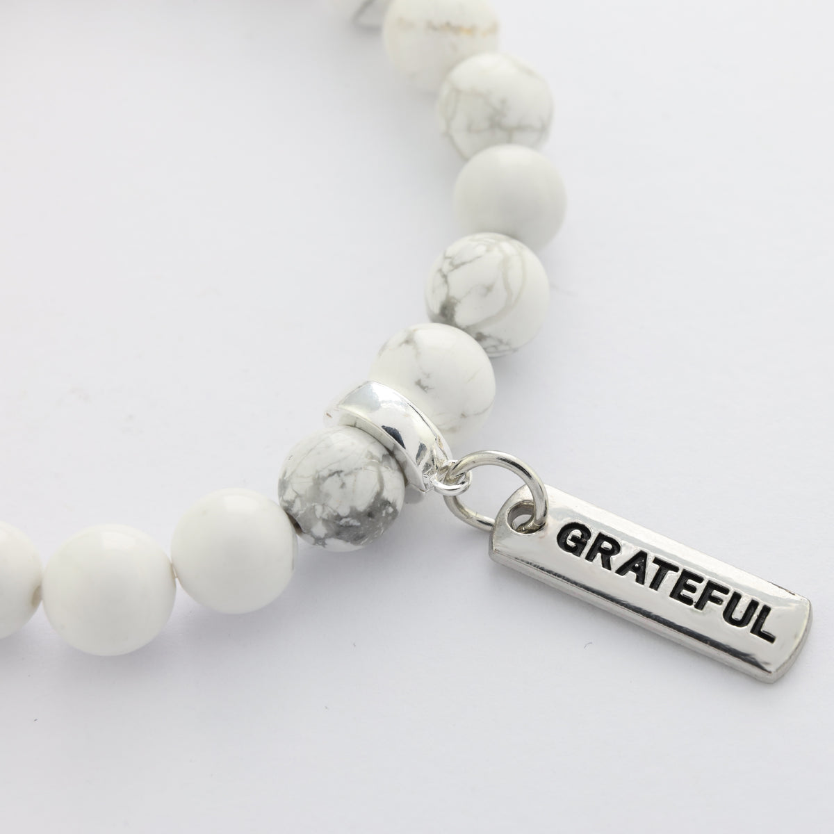 Stone Bracelet - White Marble 8mm Beads - with Silver Word Charm
