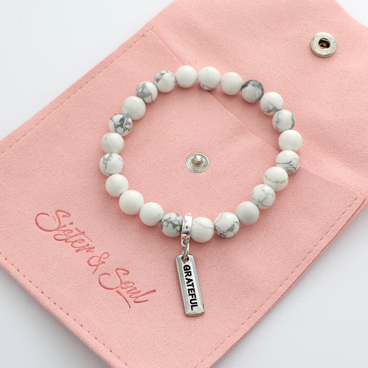Stone Bracelet - White Marble 8mm Beads - with Silver Word Charm