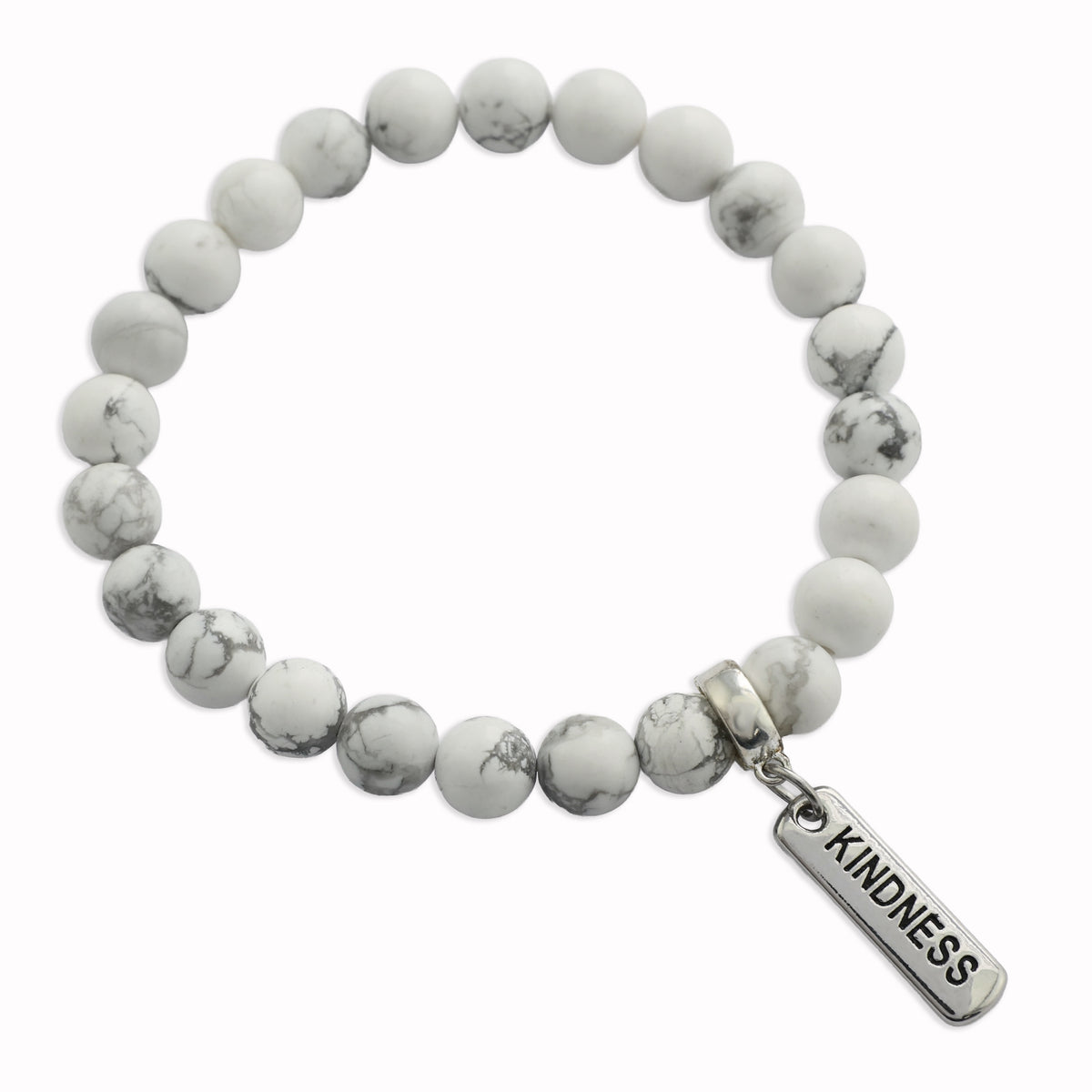 Stone Bracelet - White Marble 8mm Beads - with Silver Word Charm