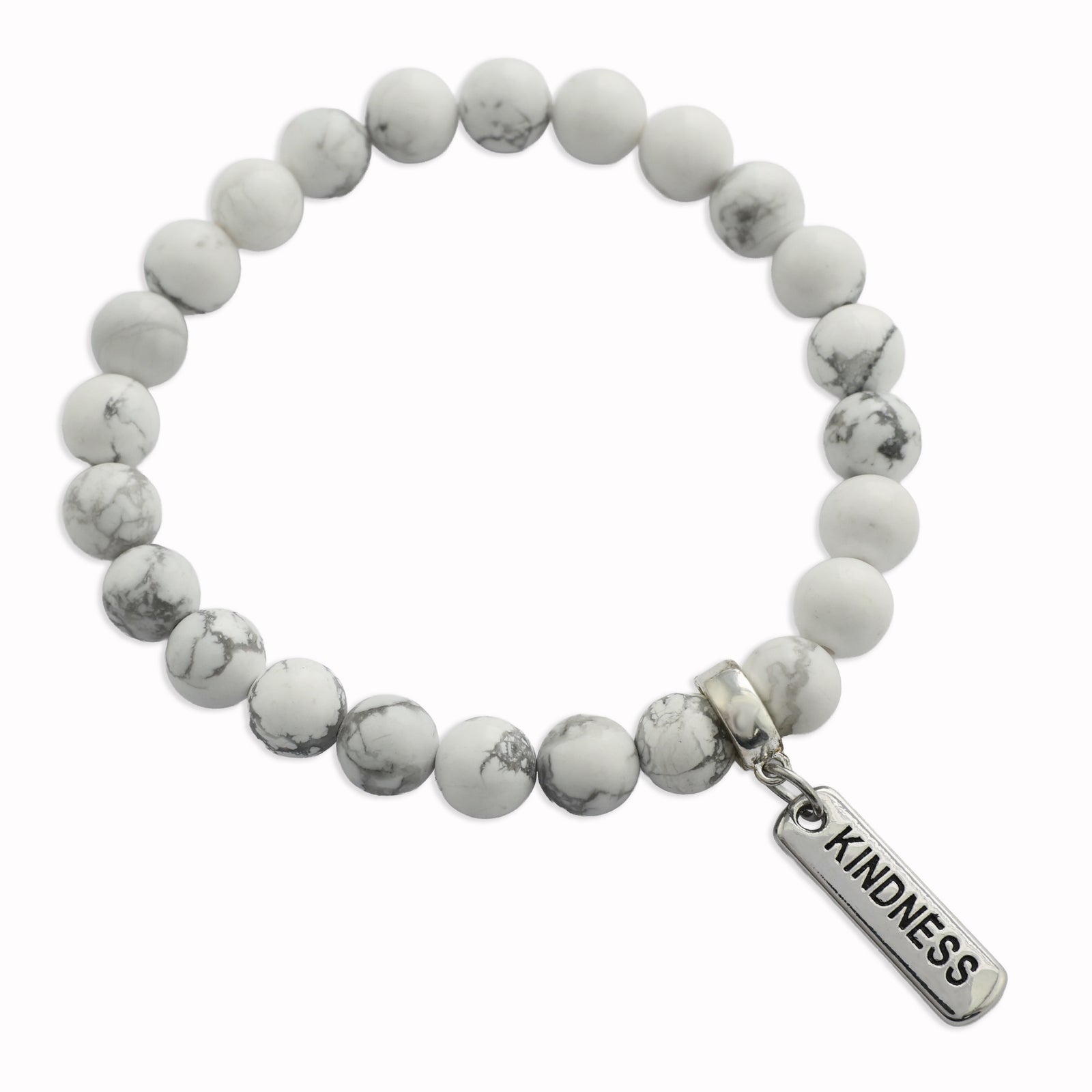 8mm White Marble Stone Bracelet with word charm and silver clip. Featured words are Soul Sister, Family, Grateful, Strength, Hope, Grace, Friendship, Loved, Courage, Brave, Embrace, Enough and many more. 