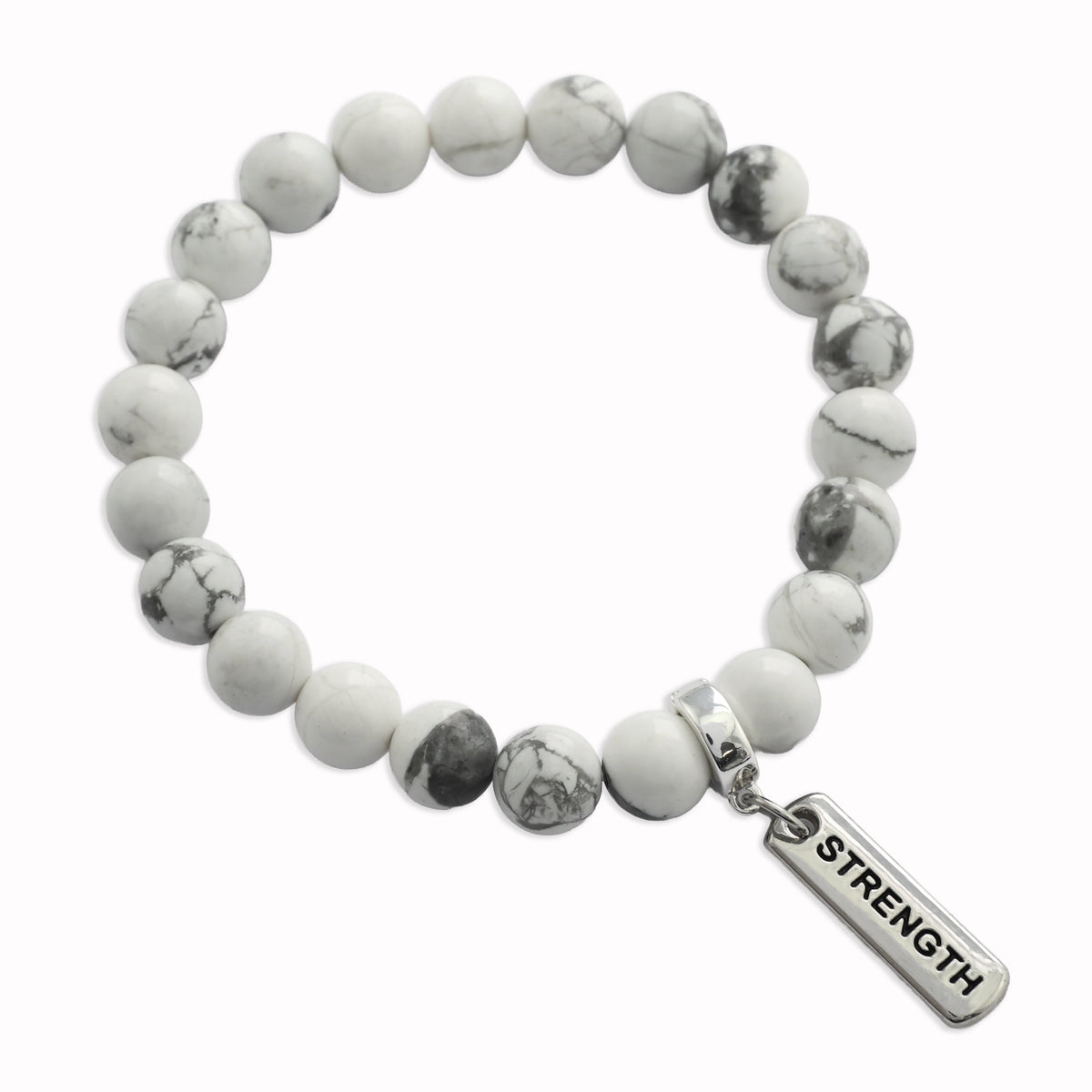 Stone Bracelet - White Marble 8mm Beads - with Silver Word Charm