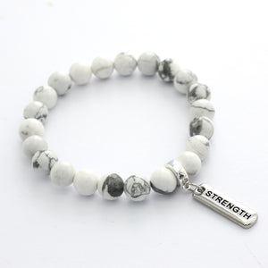 Stone Bracelet - White Marble 8mm Beads - with Silver Word Charm