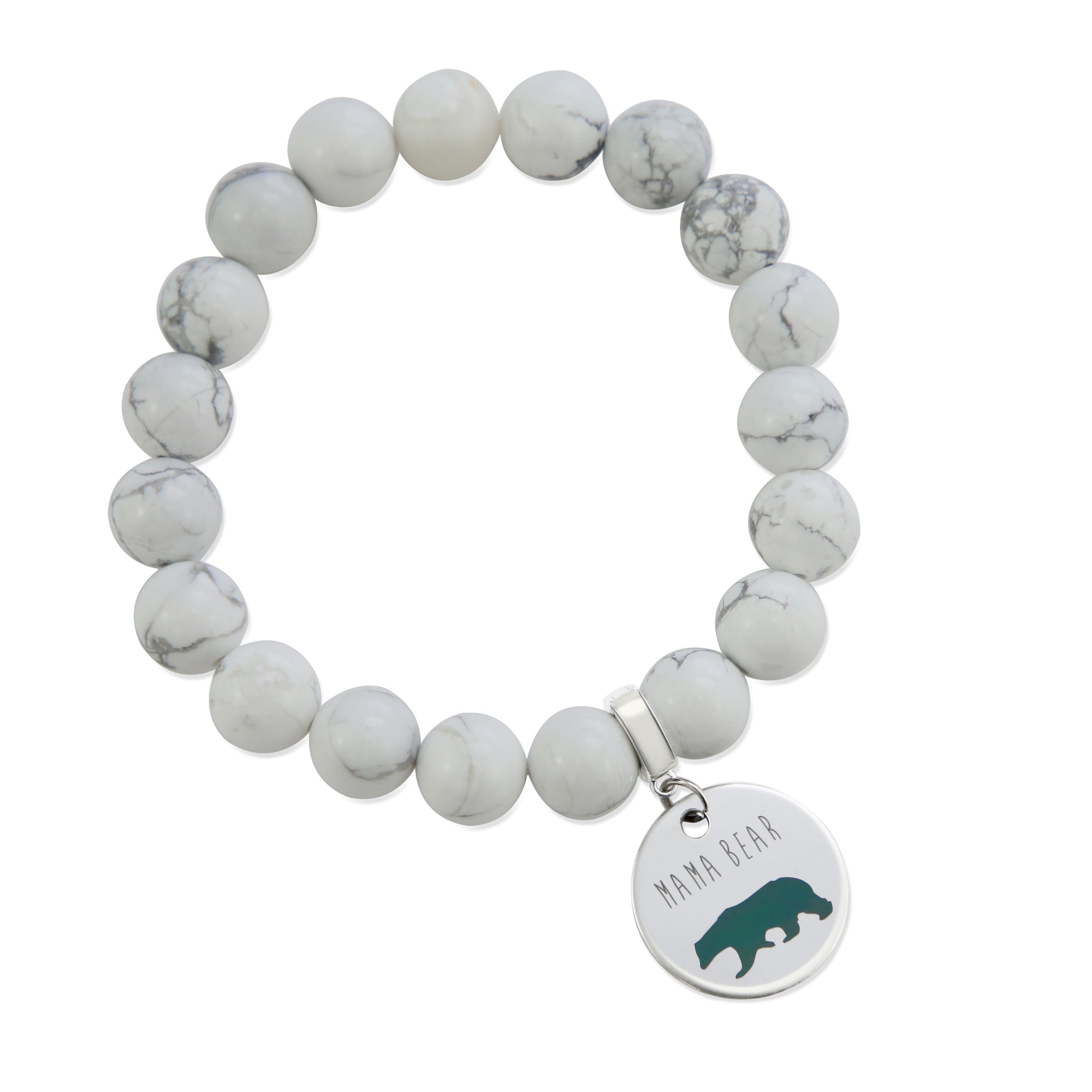 Stone Bracelet - ' MAMA BEAR ' White Marble - Chunky 10mm beads (10163)