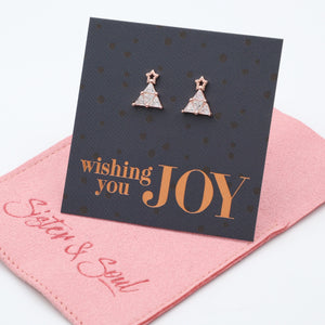 Rose Gold Sterling Silver Studs - Wishing You Joy - Christmas CZ Gem Tree (2406-F)