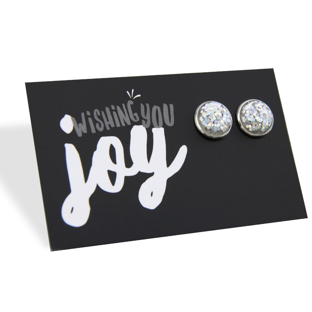SPARKLEFEST - Wishing You Joy - Bright Silver 12mm Circle Studs - Silver Gloss Glitter Resin (8805)