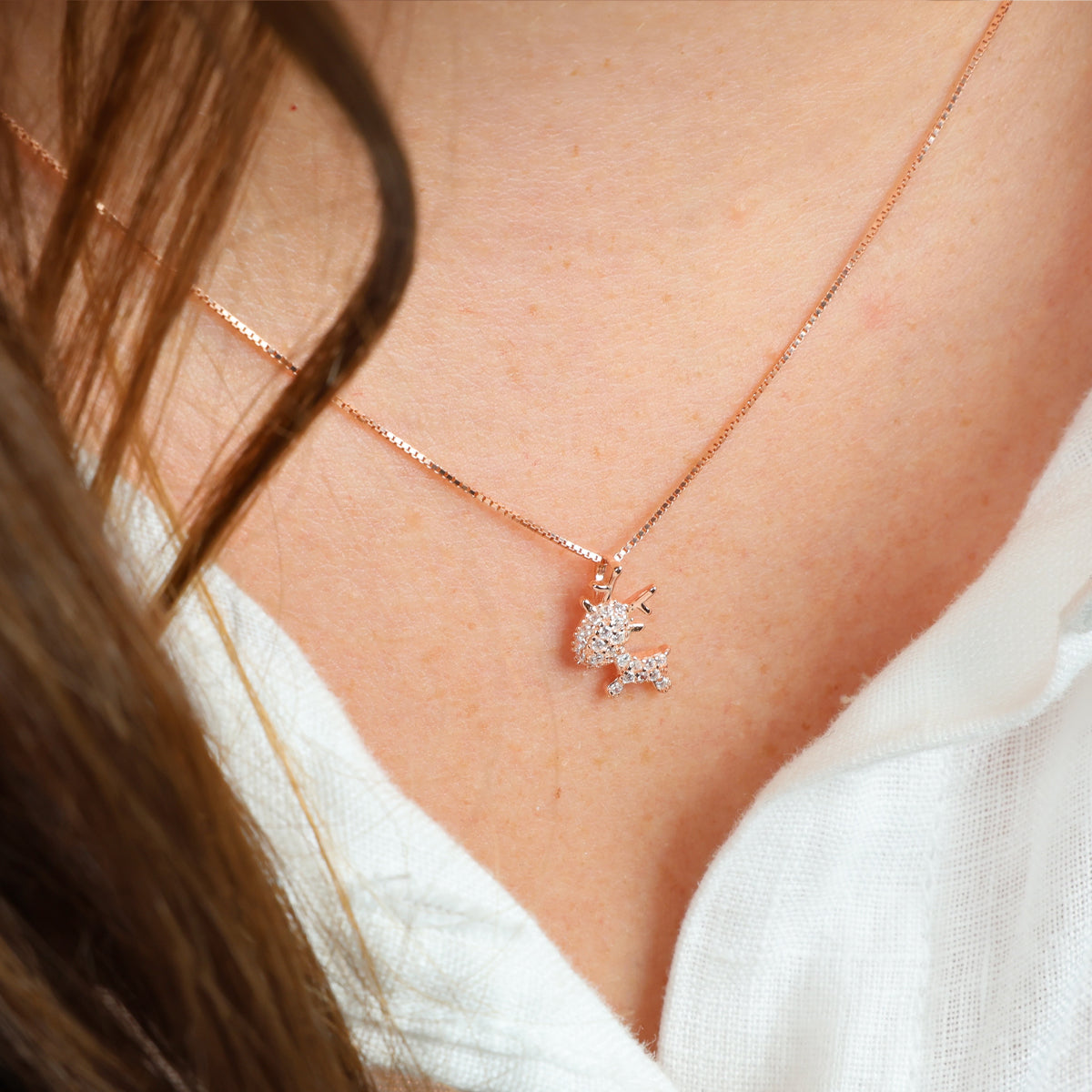 Premium Fine Necklace - 18K Rose Gold Sterling Silver with Reindeer + CZ - Wishing You Joy (12361)
