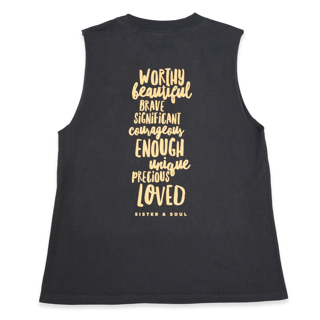 Worthy Beautiful Brave Relaxed Tank – Stone Wash Black