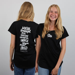 Worthy Beautiful Brave Scooped T-Shirt – Black