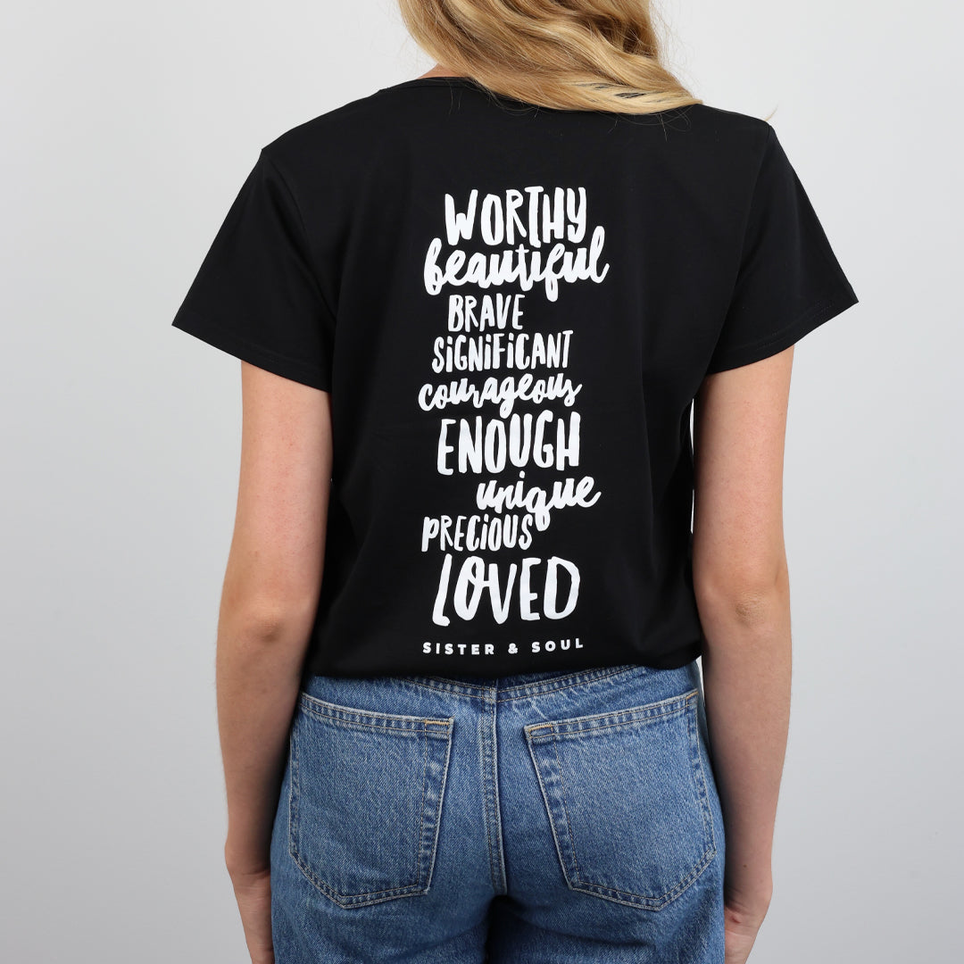Worthy Beautiful Brave Scooped T-Shirt – Black