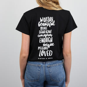 Worthy Beautiful Brave Scooped T-Shirt – Black