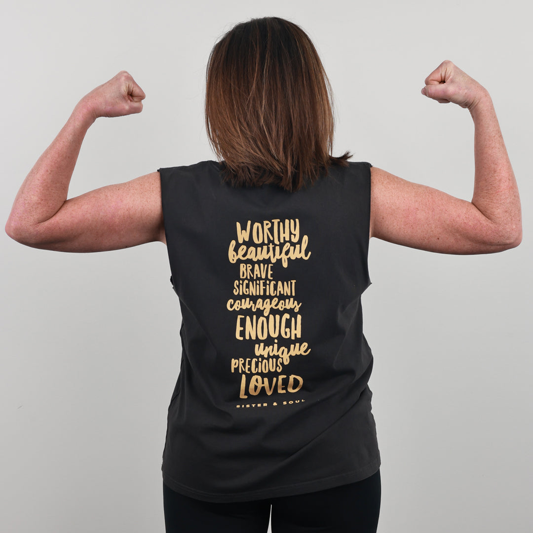 Worthy Beautiful Brave Relaxed Tank – Stone Wash Black