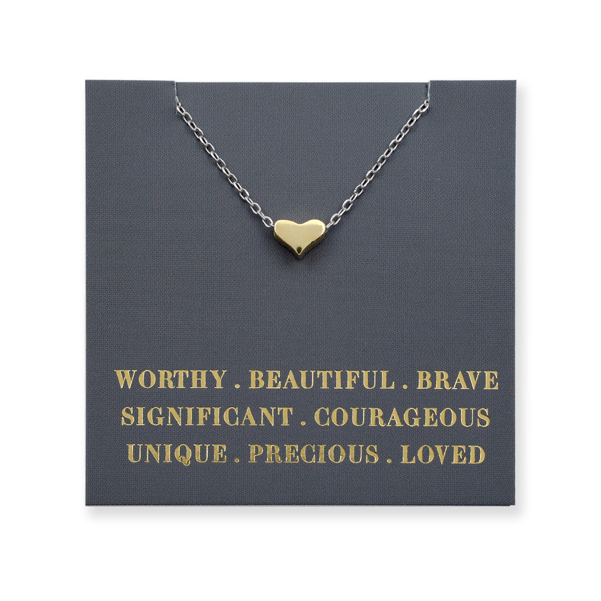 Gold heart-shaped necklace on a dark gray card with motivational text
