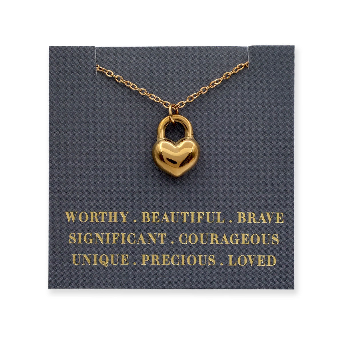 Gold heart-shaped lock necklace on a dark blue card with motivational text