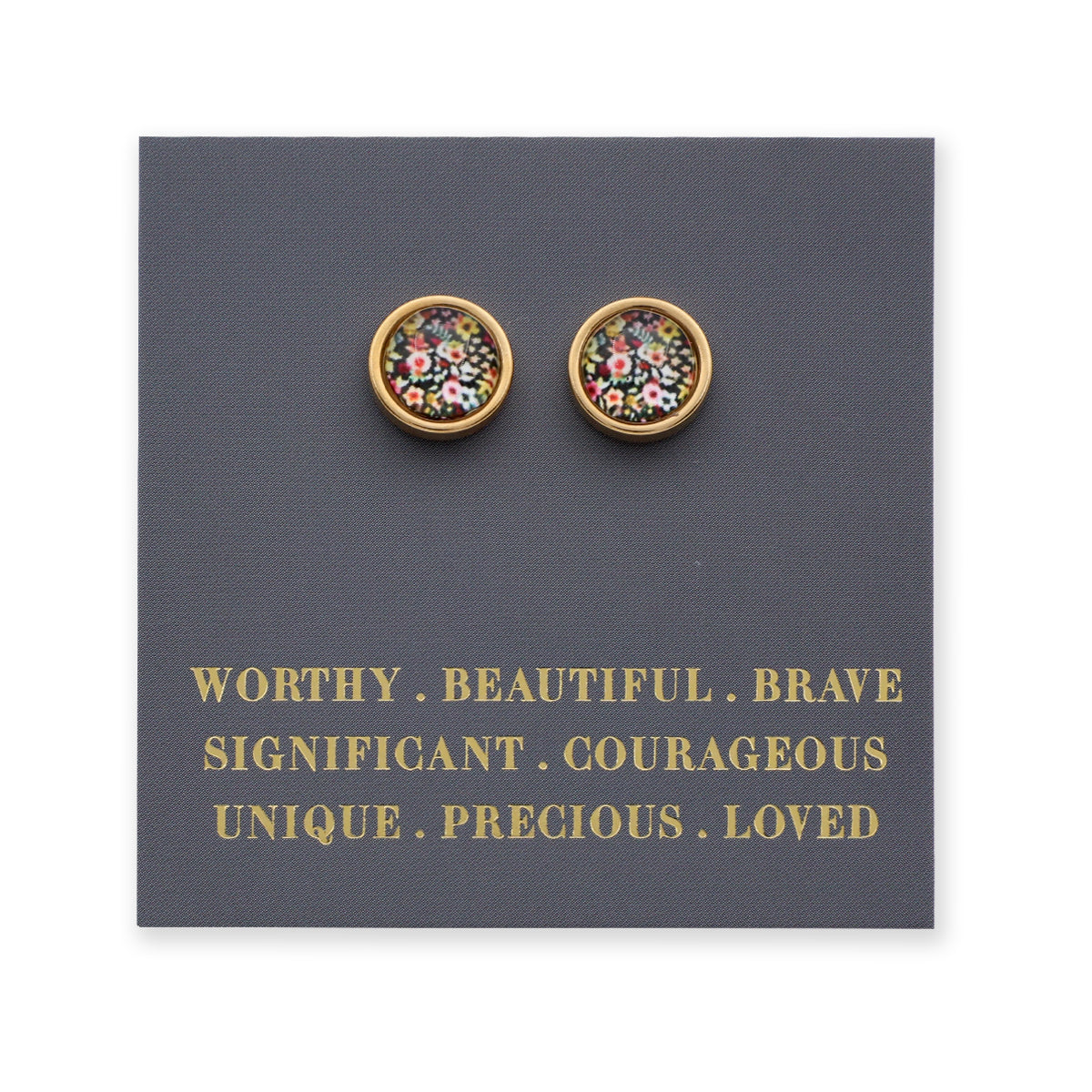 Pair of floral stud earrings on a card with motivational text