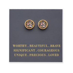 Pair of floral stud earrings on a card with motivational text