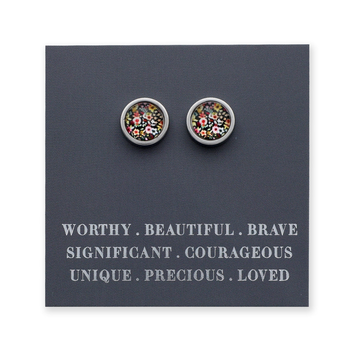 Pair of floral stud earrings on a card with motivational text