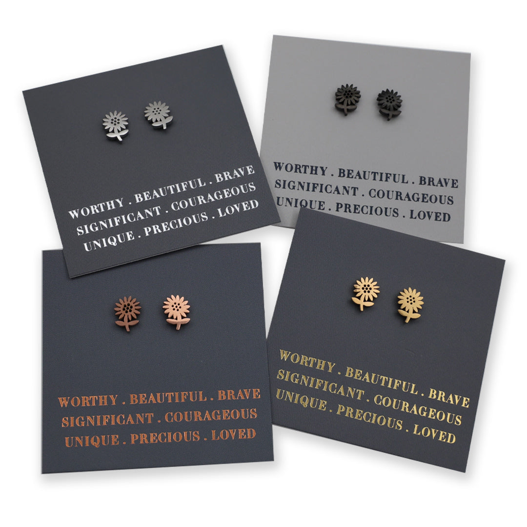 Stainless Steel Earring Studs - Worthy Beautiful Brave - SUNFLOWERS