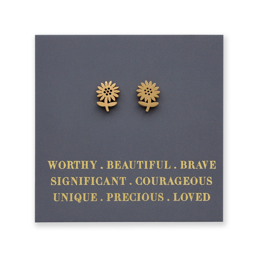 Stainless Steel Earring Studs - Worthy Beautiful Brave - SUNFLOWERS