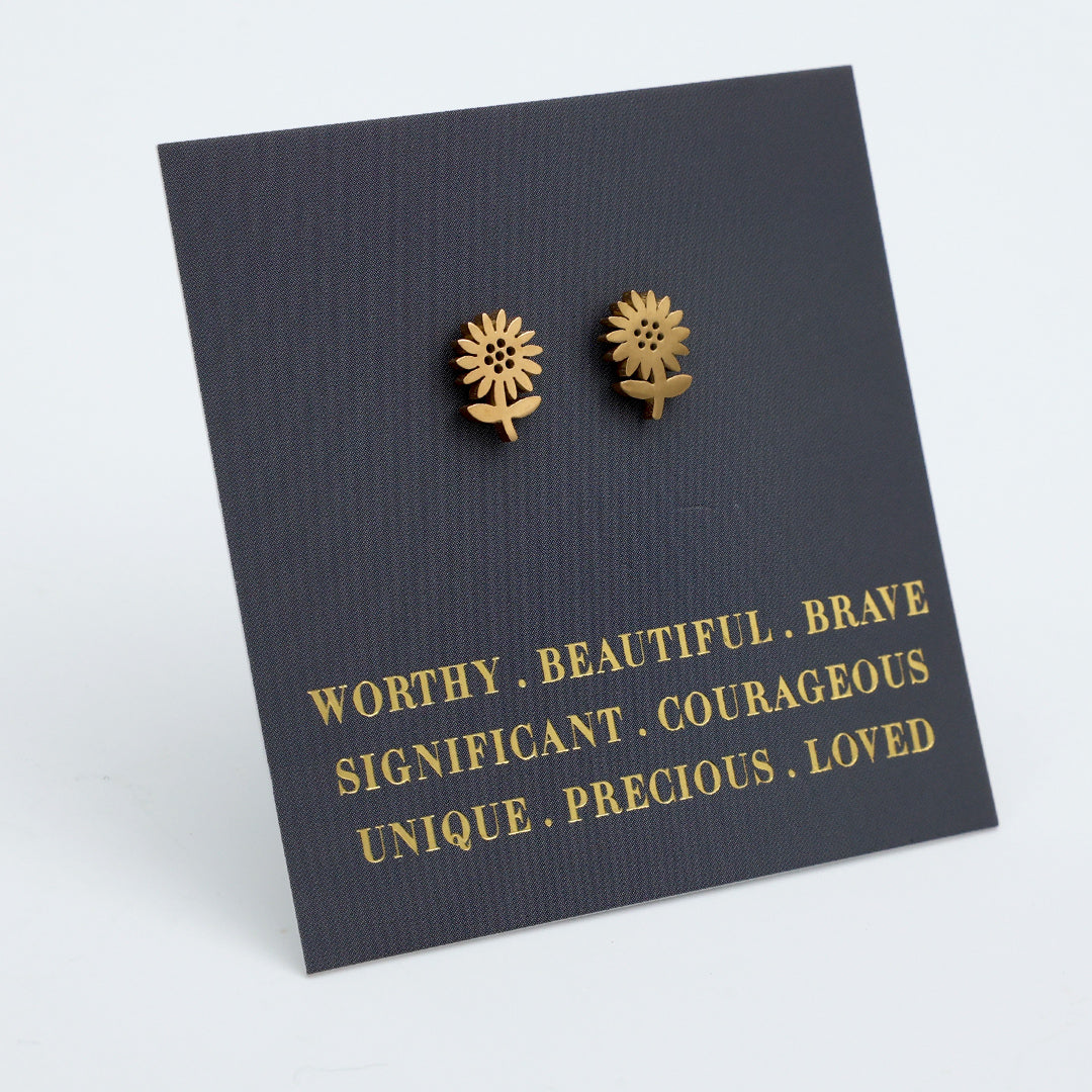 Stainless Steel Earring Studs - Worthy Beautiful Brave - SUNFLOWERS