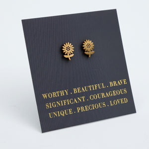 Stainless Steel Earring Studs - Worthy Beautiful Brave - SUNFLOWERS