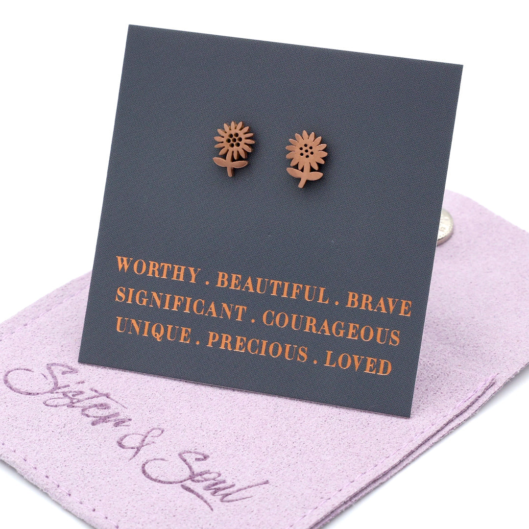 Stainless Steel Earring Studs - Worthy Beautiful Brave - SUNFLOWERS