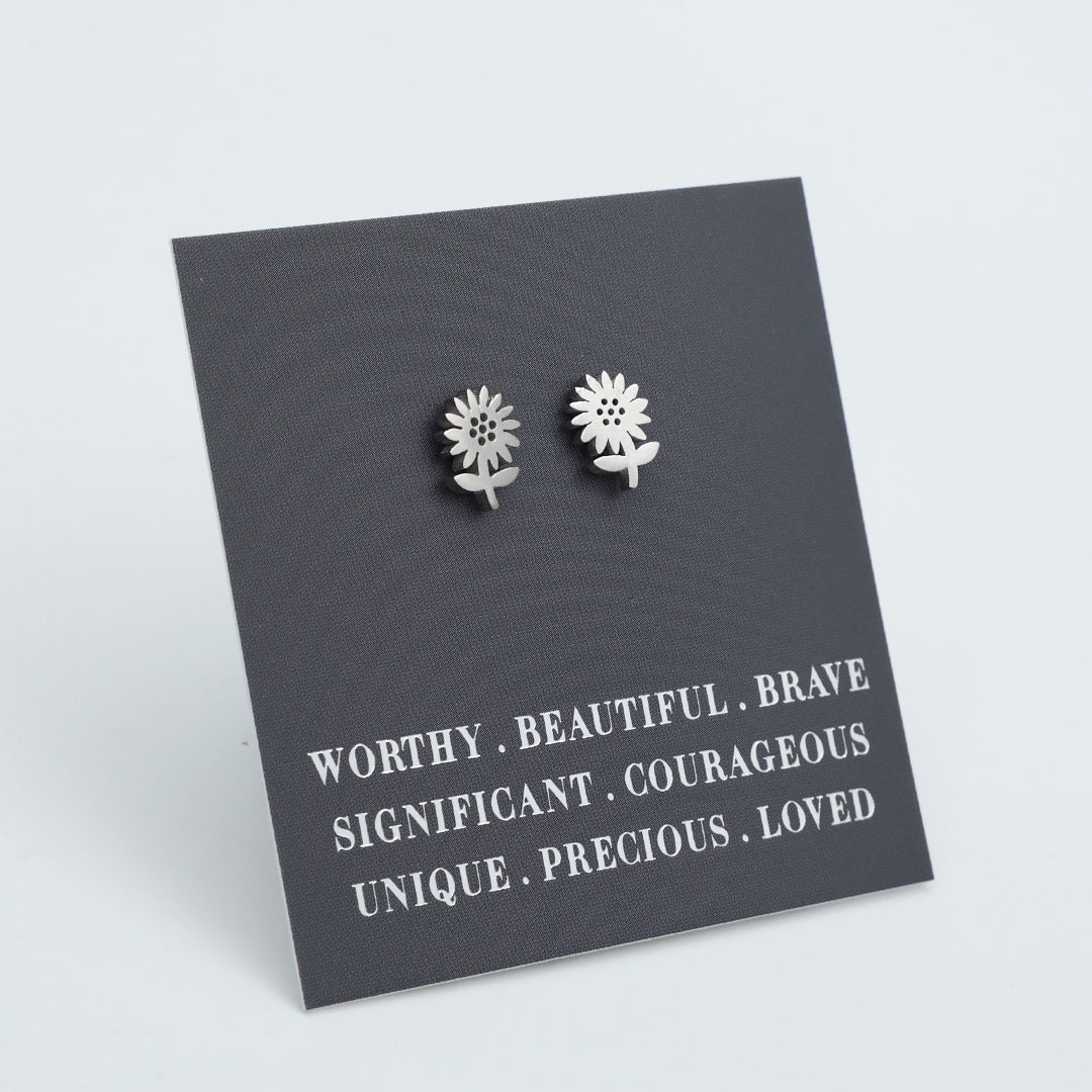Stainless Steel Earring Studs - Worthy Beautiful Brave - SUNFLOWERS