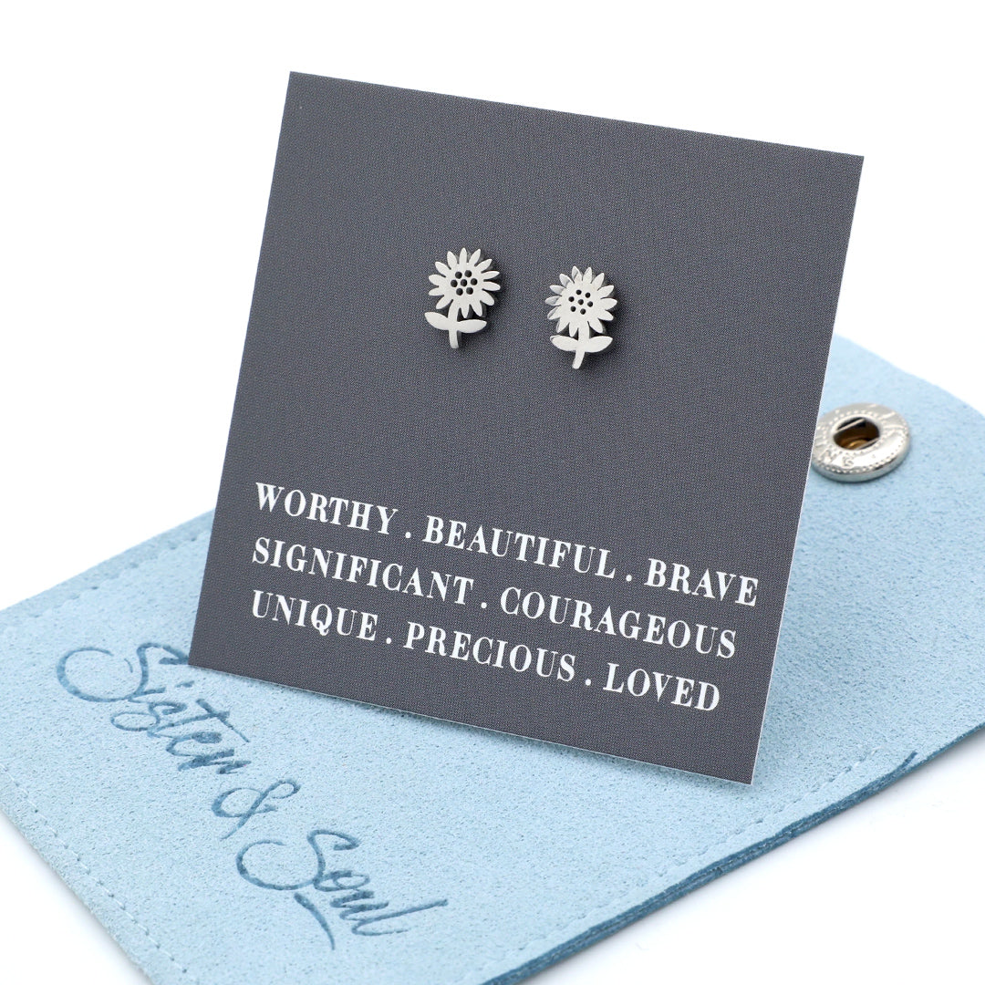Stainless Steel Earring Studs - Worthy Beautiful Brave - SUNFLOWERS