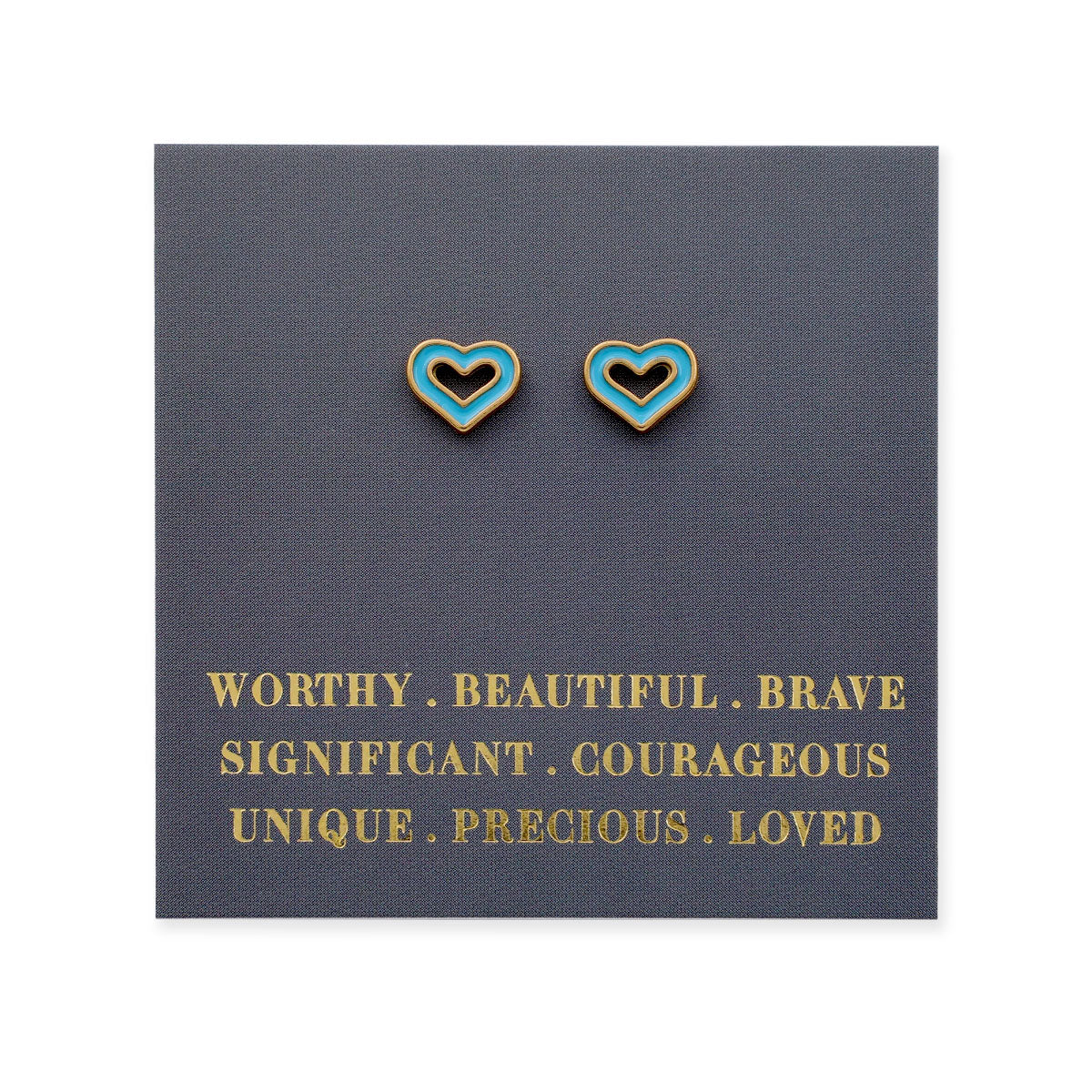 Heart-shaped earrings on a card with motivational text