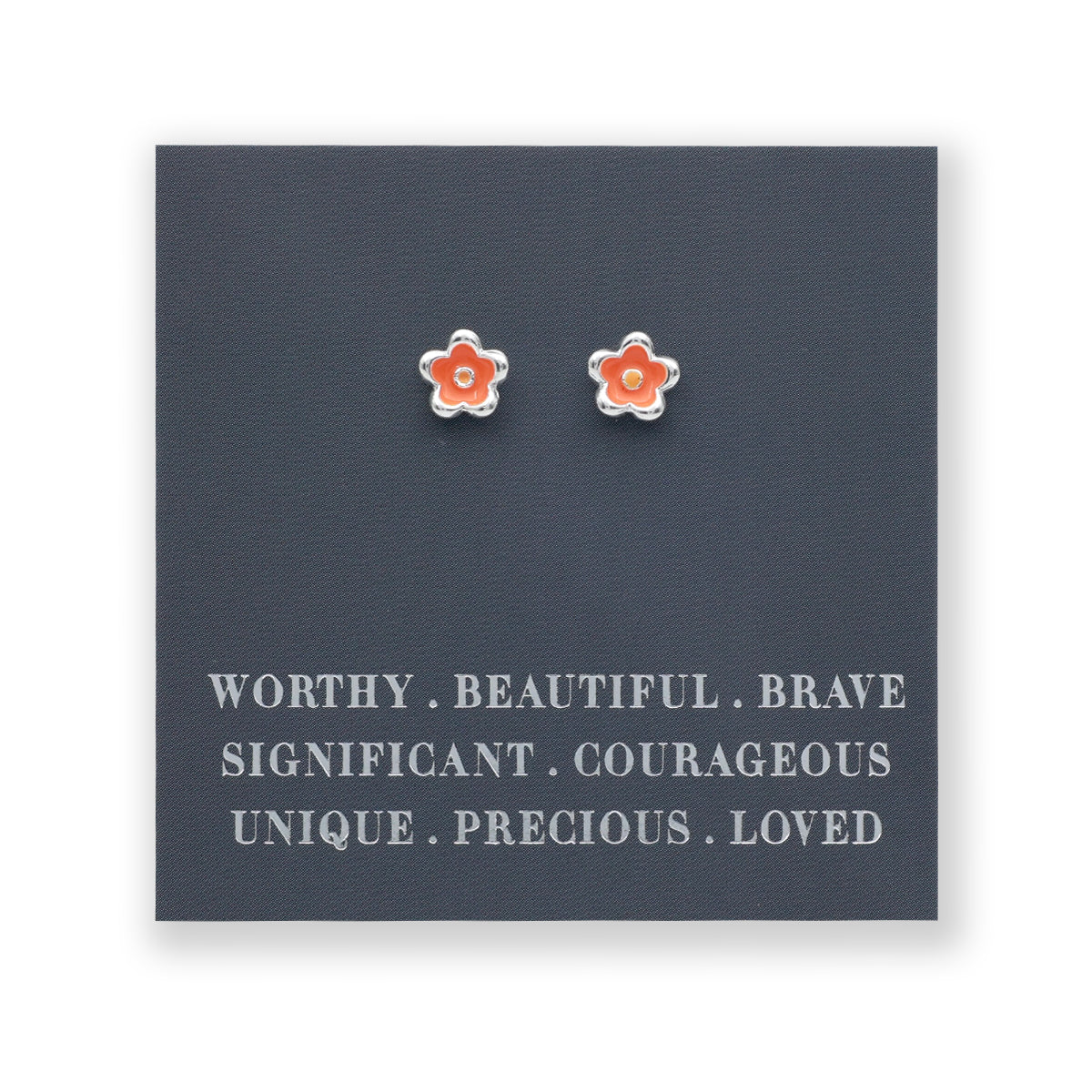 Worthy Beautiful Brave Sterling Silver Stud Earrings - Tiny Orange Flower Buds