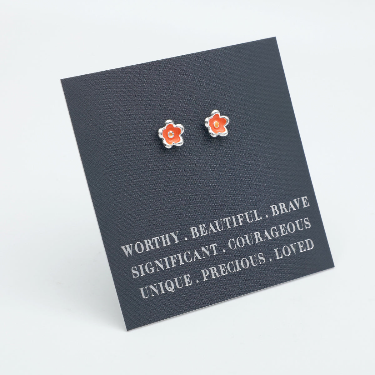 Worthy Beautiful Brave Sterling Silver Stud Earrings - Tiny Orange Flower Buds