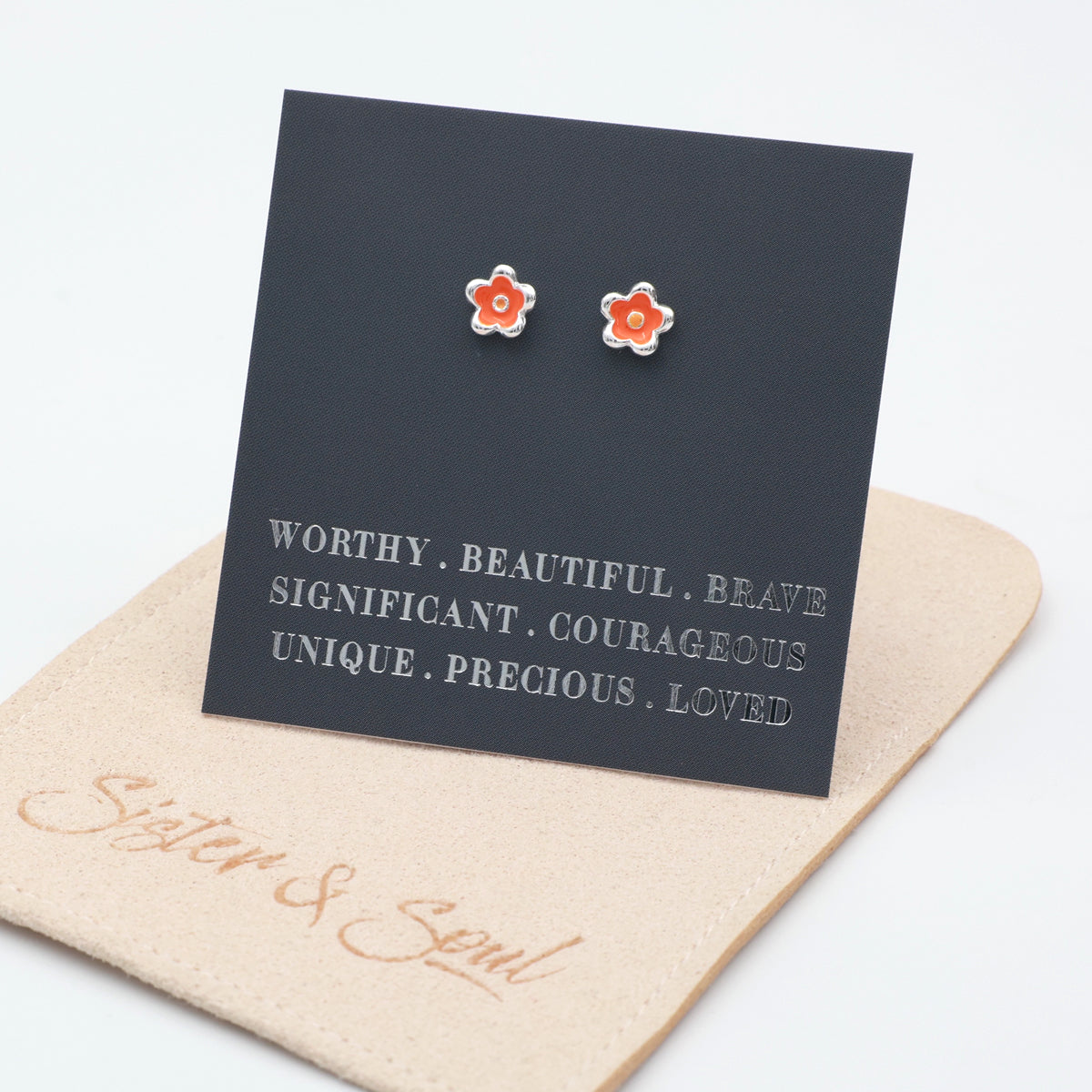 Worthy Beautiful Brave Sterling Silver Stud Earrings - Tiny Orange Flower Buds