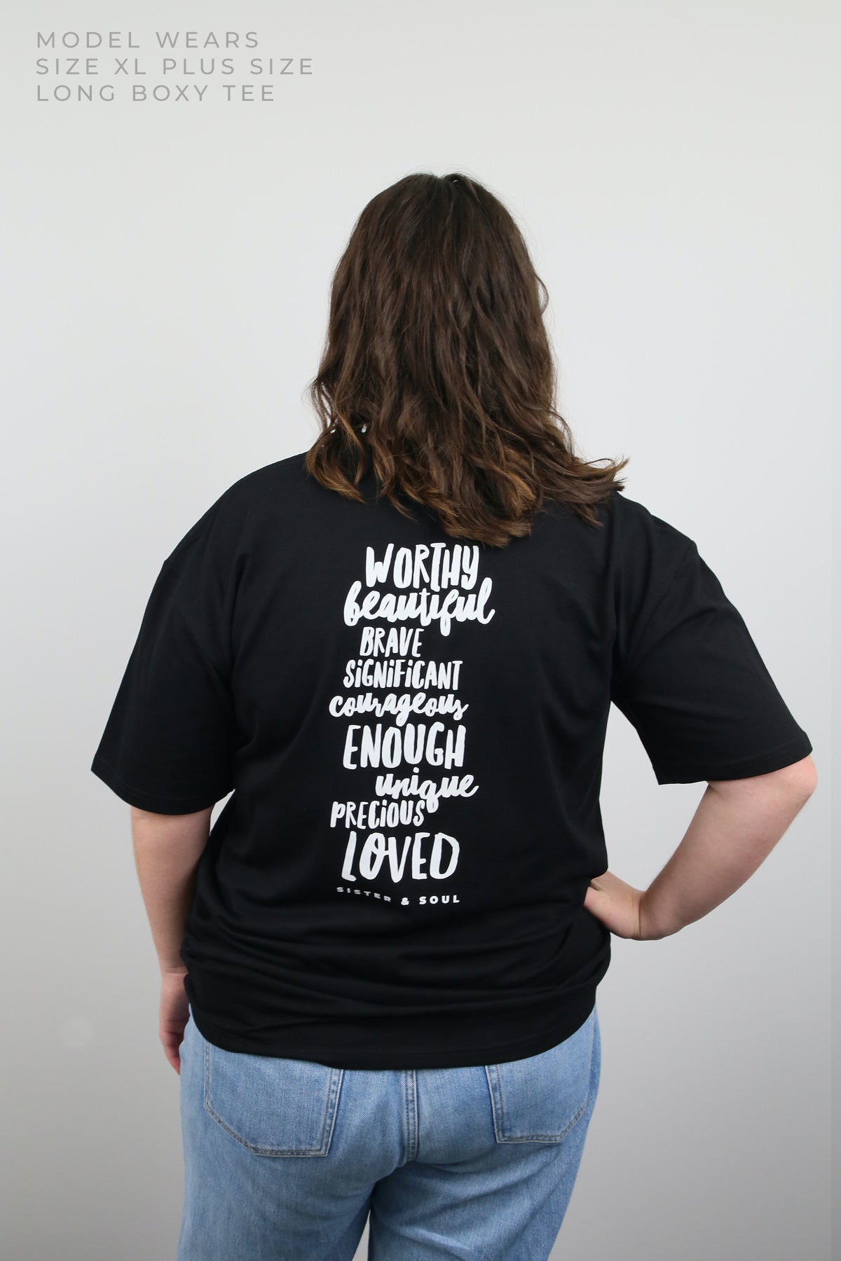 WORTHY BEAUTIFUL BRAVE  - Oversized Fit - Plus Size Long Boxy Tee - Black with White Print