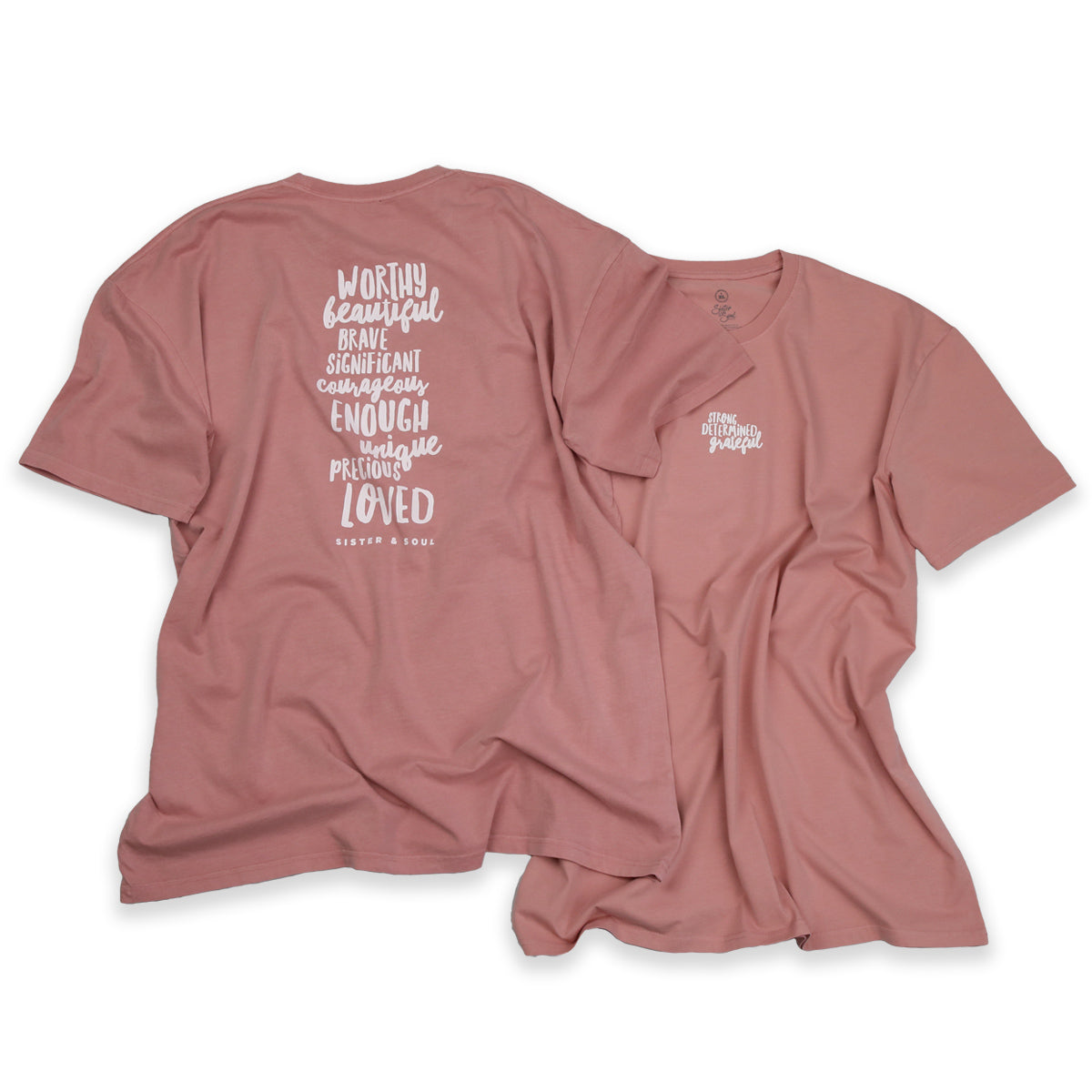 WORTHY BEAUTIFUL BRAVE  - Oversized Fit - Plus Size Long Boxy Tee - Dusty Rose with White Print