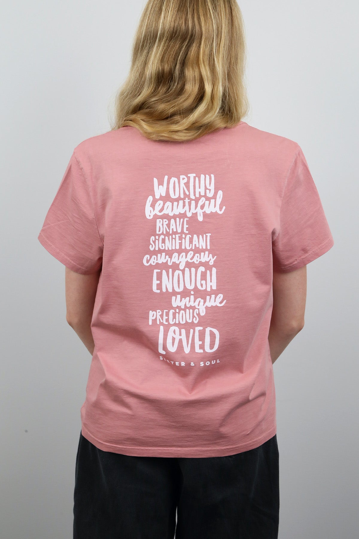WORTHY BEAUTIFUL BRAVE - Dusty Rose Boxy Tee - White Print