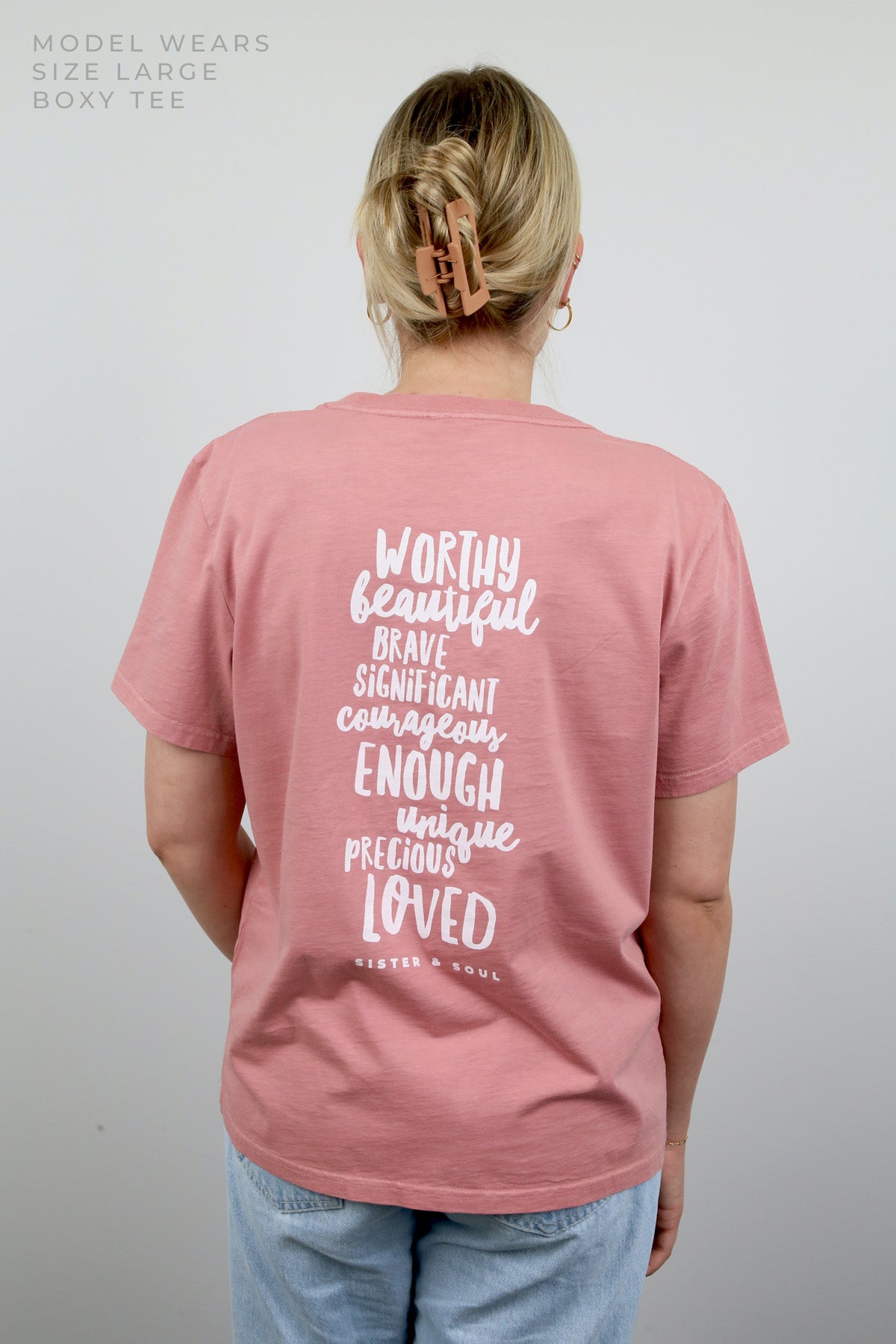 WORTHY BEAUTIFUL BRAVE - Dusty Rose Boxy Tee - White Print
