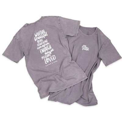 WORTHY BEAUTIFUL BRAVE - Purple Haze Stone Wash Boyfriend Tee - White Print