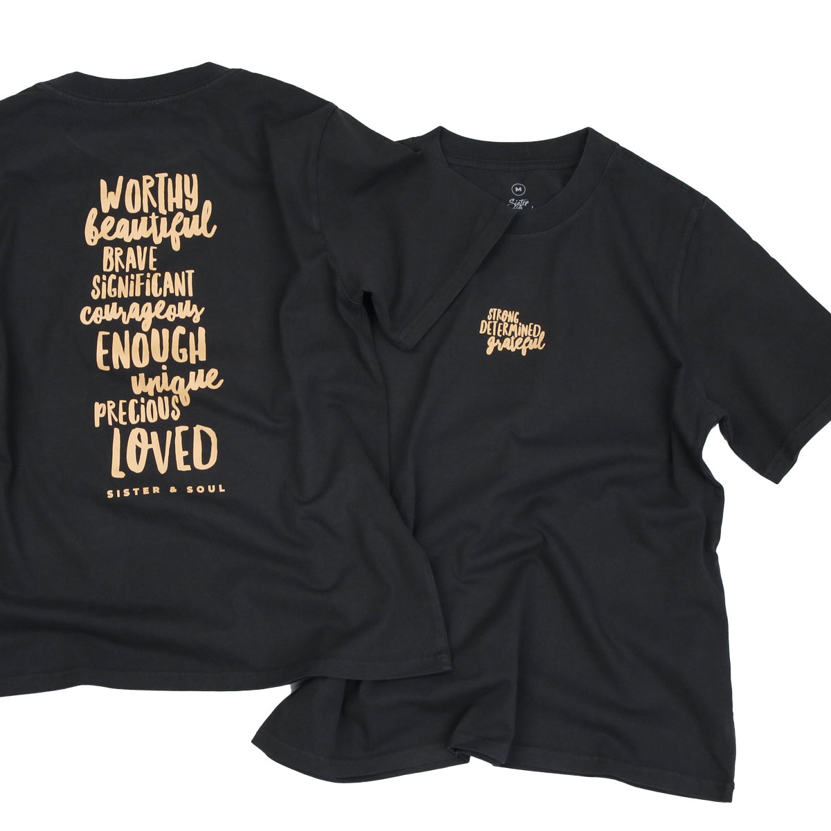 WORTHY BEAUTIFUL BRAVE - Washed Black Heavy Tee - Caramel Print