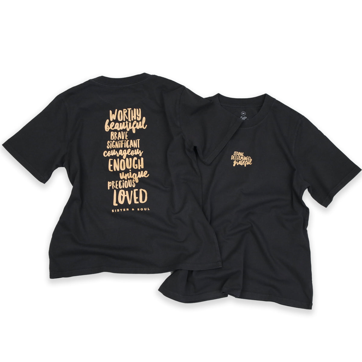 WORTHY BEAUTIFUL BRAVE - Washed Black Heavy Tee - Caramel Print