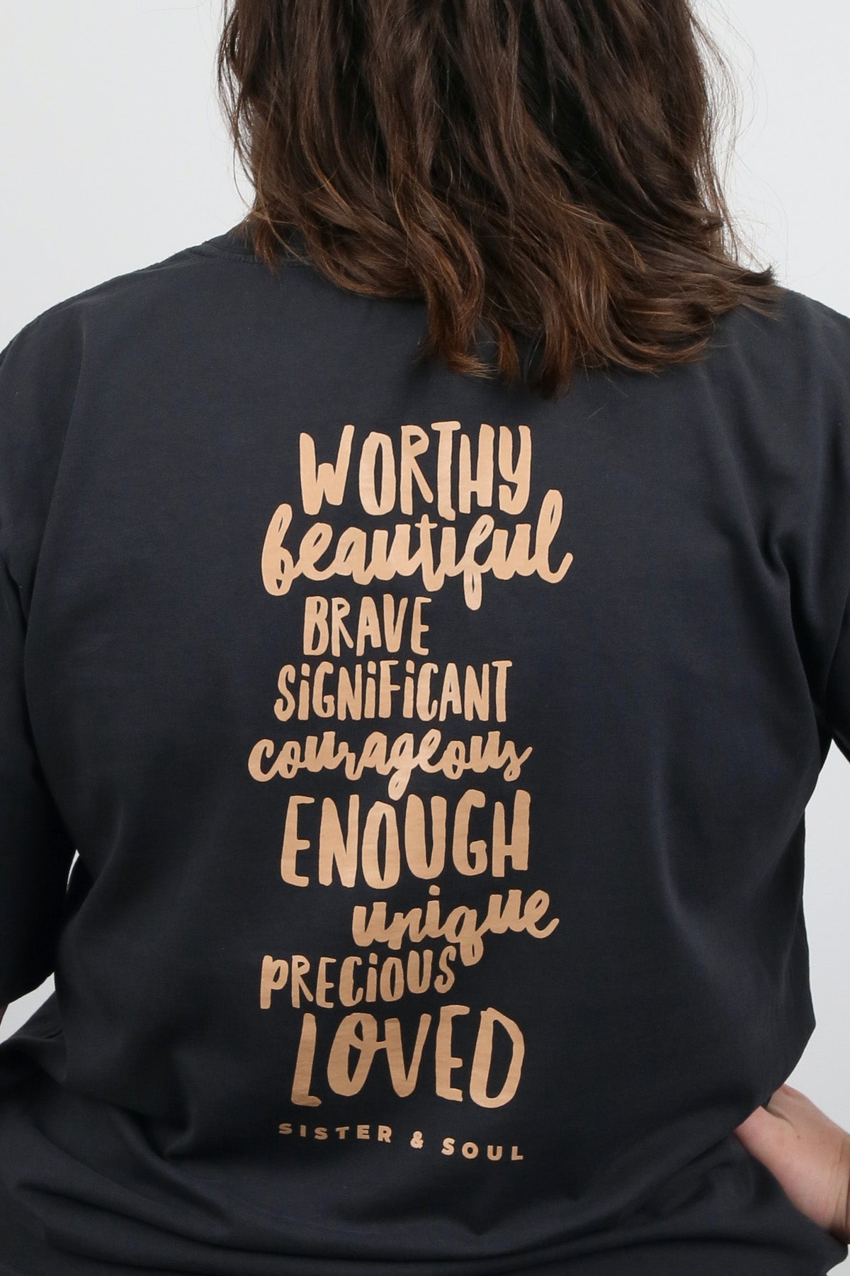 WORTHY BEAUTIFUL BRAVE - Washed Black Heavy Tee - Caramel Print