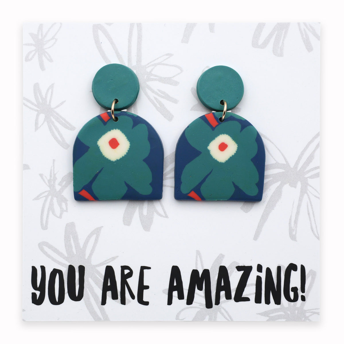 Pair of green floral earrings on a card with 'YOU ARE AMAZING!' text