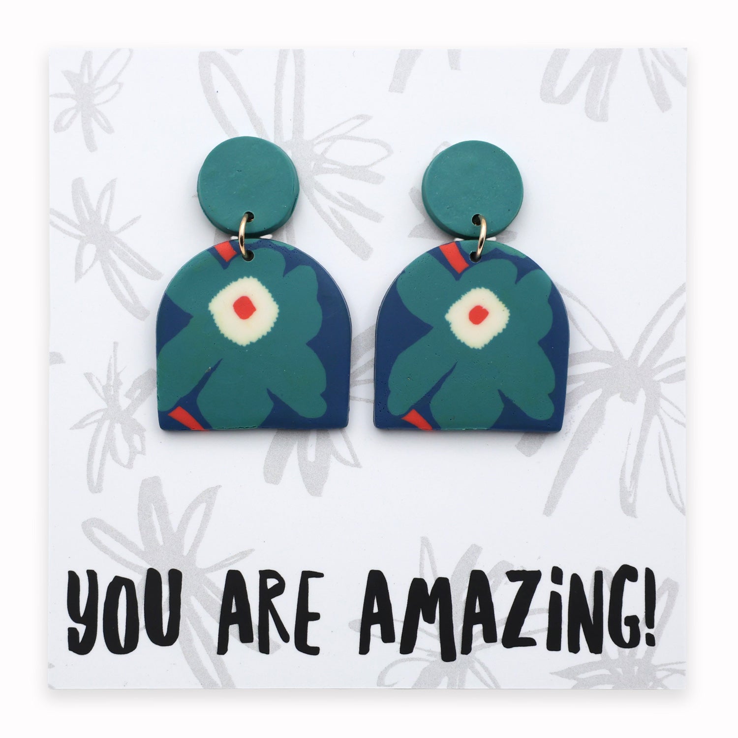 Pair of green floral earrings on a card with 'YOU ARE AMAZING!' text