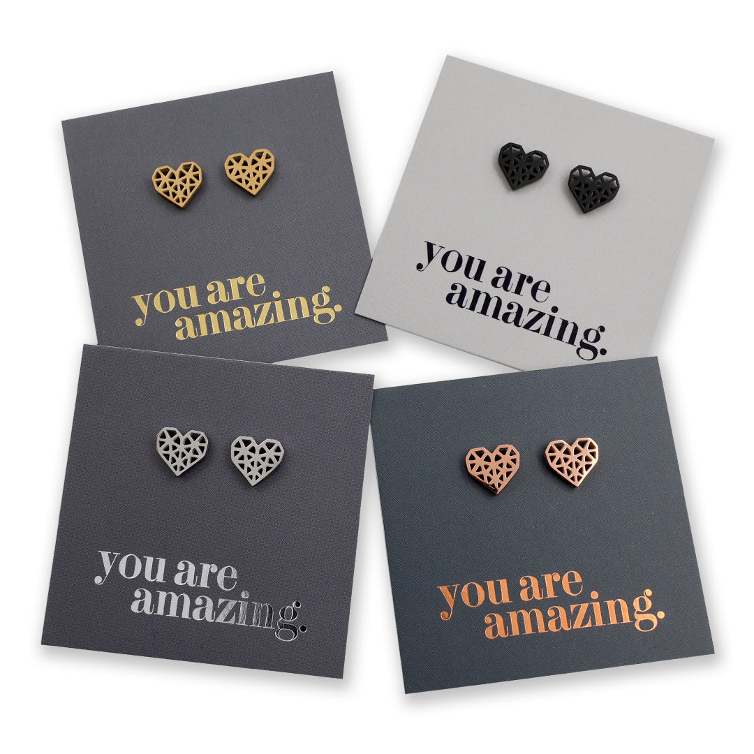 Stainless Steel Earring Studs - You Are Amazing - Big Geo Hearts