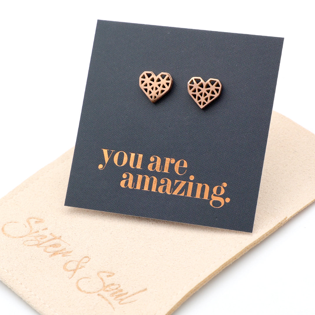 Stainless Steel Earring Studs - You Are Amazing - Big Geo Hearts